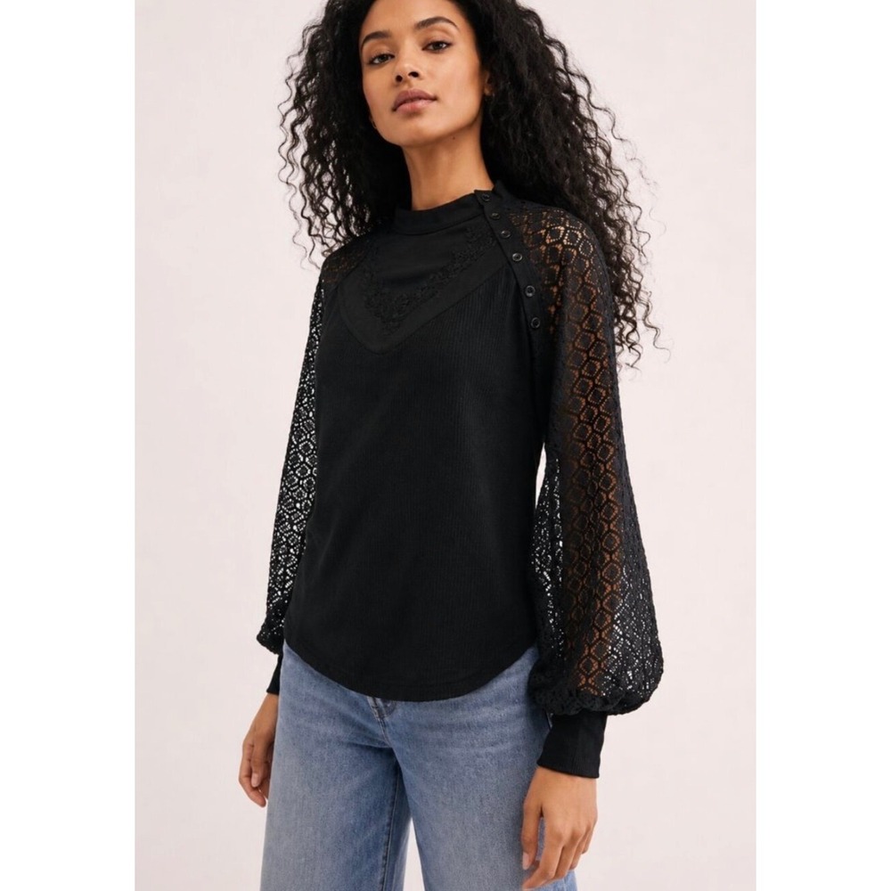 Free People Heartbreaker Top Black Lace Sleeve Ribbed Thermal Embroidered S